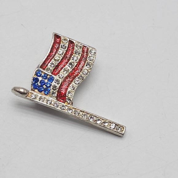 American Flag Rhinestone Enamel Brooch Pin Silver Tone - Picture 2 of 4